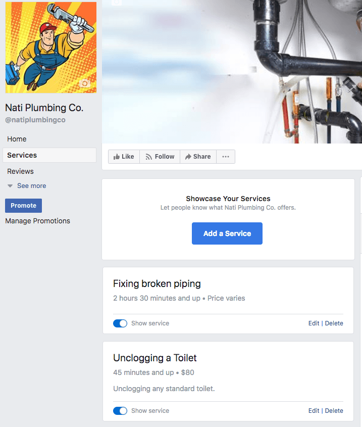 Facebook page service list